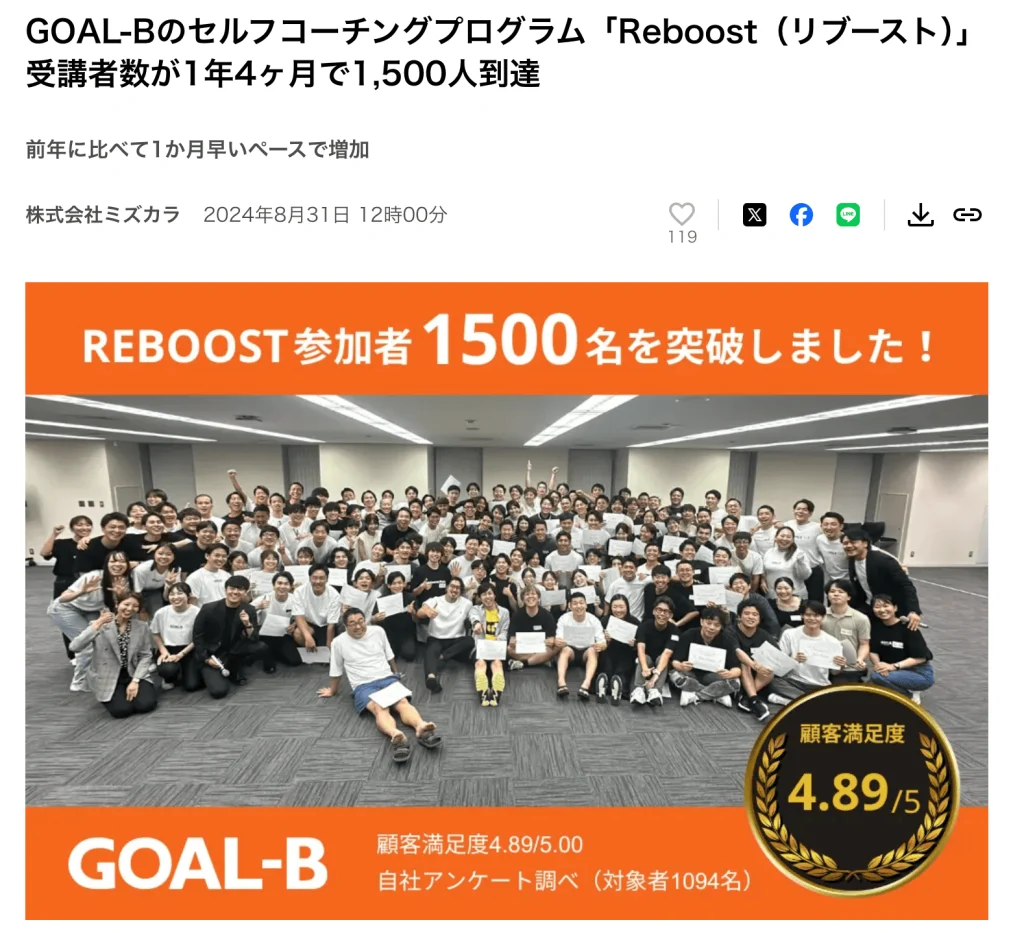株式会社ミズカラのリブーストの受講者数1,500名突破